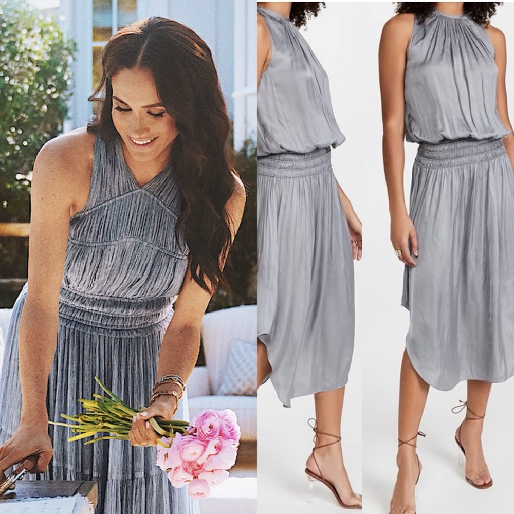 Ramy Brook Silver Pleated Halter Midi Dress